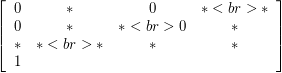 \[ \left[ \begin{array}{cccc}             0 & * & 0 & * <br>             * & 0 & * & * <br>             0 & * & * & * <br>             * & * & * & 1              \end{array} \right]  \]